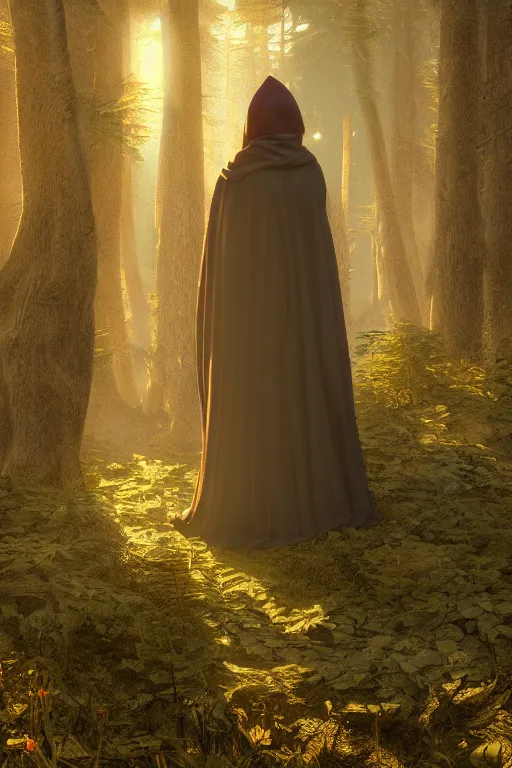 Prompt: portrait of a woman in a hooded cloak in a forest clearing at twilight| richly embroidered velvet| lush foliage | dramatic lighting | Maxfield Parrish and John Waterhouse |featured on Artstation |unreal engine