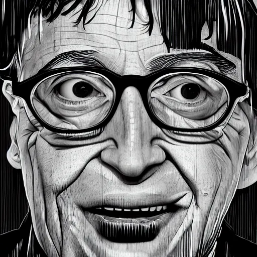 Prompt: bill gates full body portrait, piles of syringes behind him, body horror, black and white illustration by junji ito and francis bacon, hunter s thompson feeling of grimdark, sharp focus, fiction, hyper detailed, digital art, trending in artstation, cinematic lighting, studio quality, smooth render, unreal engine 5