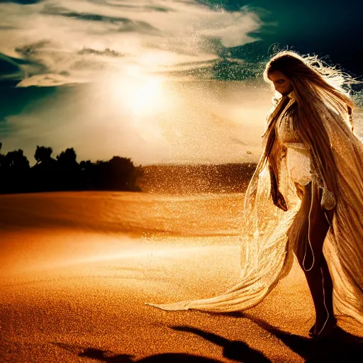 Prompt: filmstill photography of female body sulhouette covered with curly white translucent blanket blowing in wind, acrylic liquid colors, luxurious supermodel photoshooting, golden jewelry, bokeh, godrays, strong wind, wrinkles, sunrays, sunset, lens flares, monet, renoir, cold colors, sand dunes