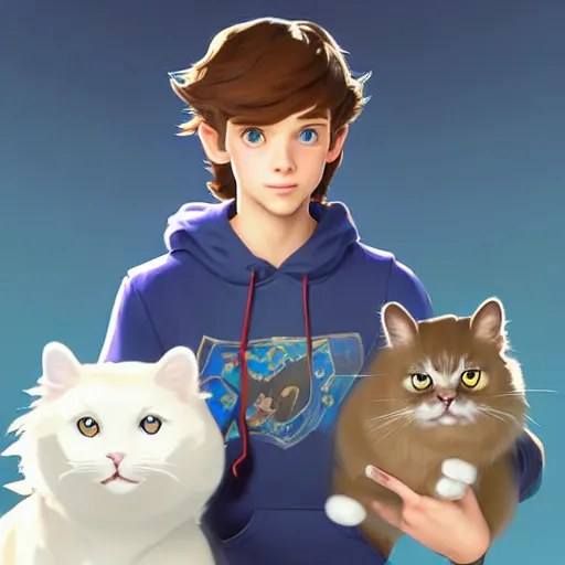 Image similar to teen boy with brown hair and big blue eyes, wearing a hoodie, holding a fluffy white persian cat, natural lighting, path traced, highly detailed, high quality, digital painting, by don bluth and ross tran and studio ghibli and alphonse mucha, artgerm, breath of the wild