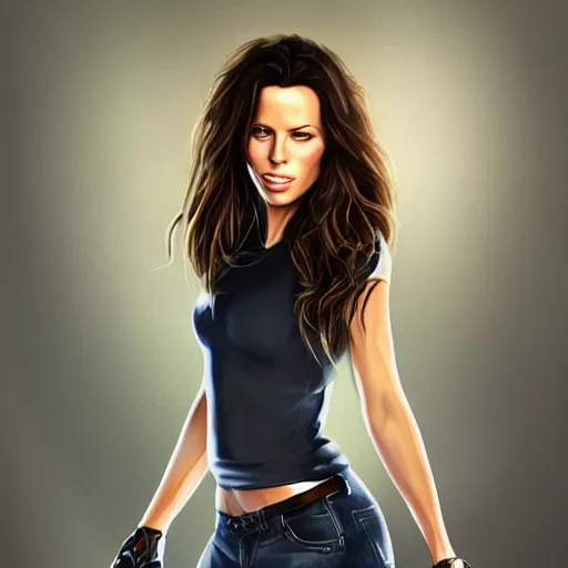 Prompt: Kate Beckinsale in a t-shirt and jeans, digital painting, artstation, concept art, illustration