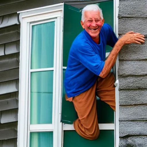 Prompt: a smiling old man climbing through a window