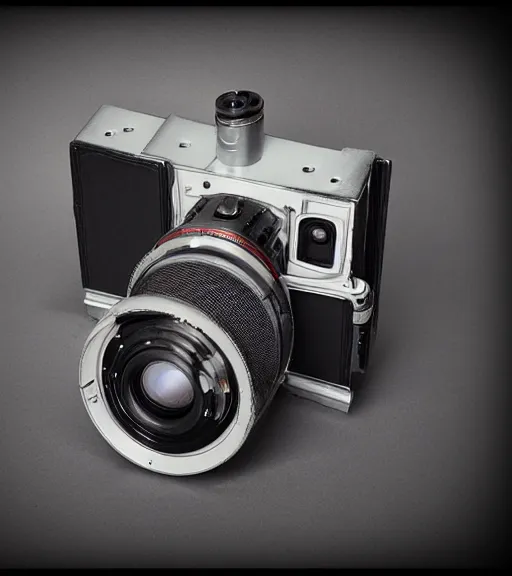 Prompt: product photo of a dieselpunk medium format camera that looks like a hasselblad