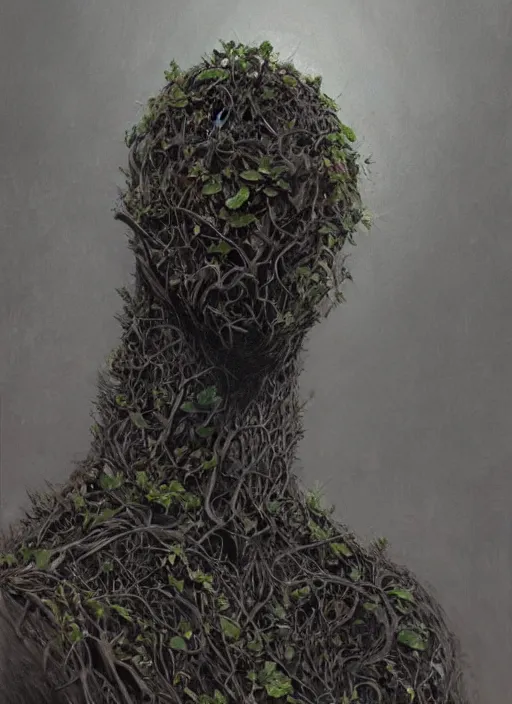 Prompt: a black suit with a flowery bush growing from the neck hole, intricate roots, highly detailed, concept art, hyperrealistic, oil painting by greg staples, 8 k