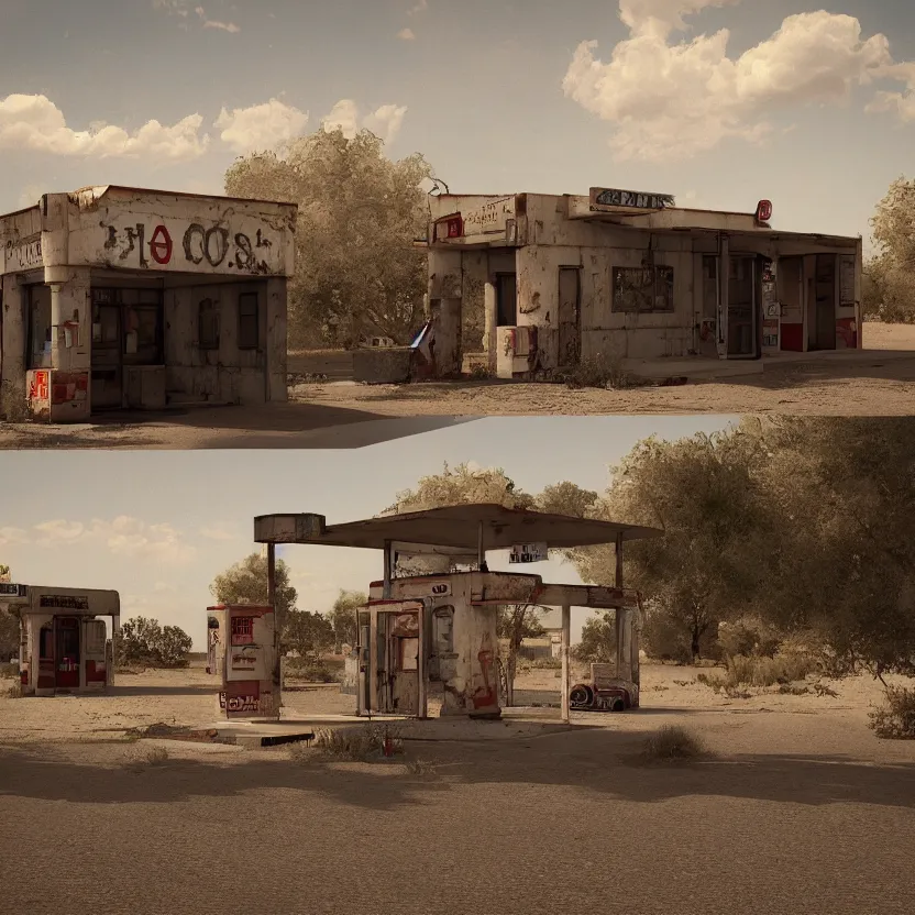 Image similar to an old, tiny abandoned gas station in the middle of the desert, cobweb, old, artstation, digital art.