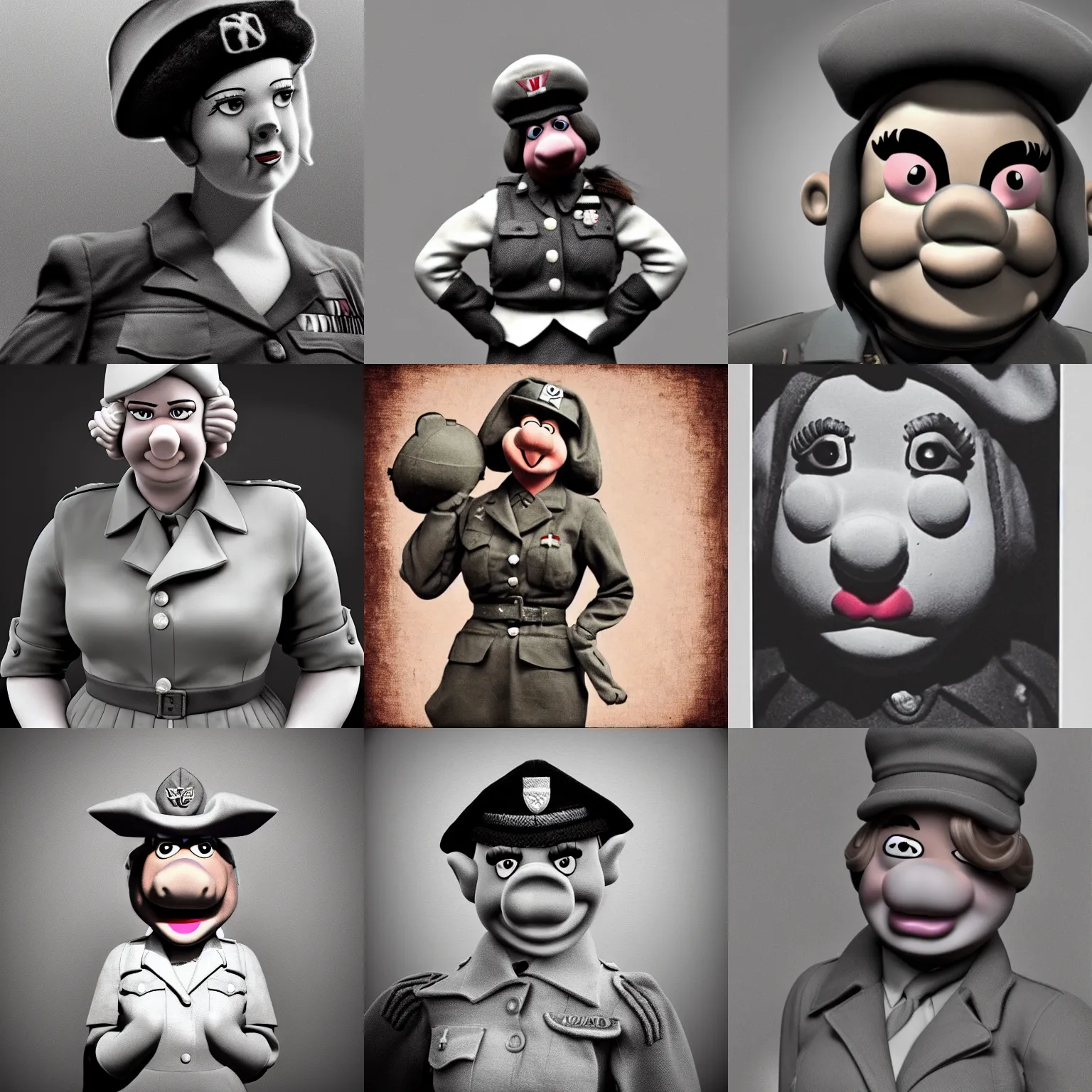 Prompt: grainy black/white photorealistic ww2 soldier looking like miss piggy 1940, dark mood