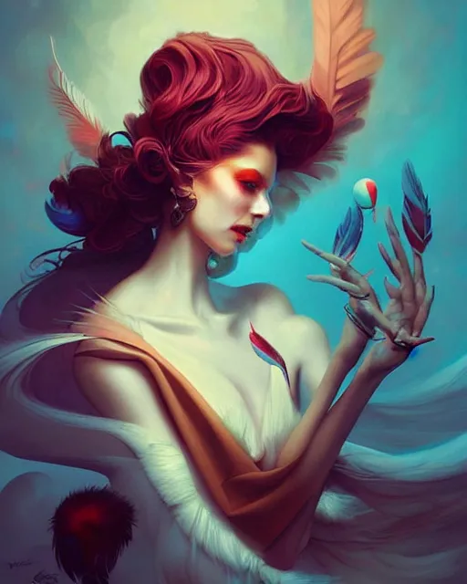 Prompt: beautiful feathered beauty portrait, artgerm, peter mohrbacher, radiant light, swirling feathers