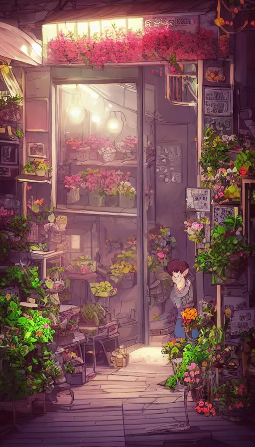 Image similar to a little flower shop's front gate, nostalgic, fresh digital illustrati on, dramatic lighting, pixiv