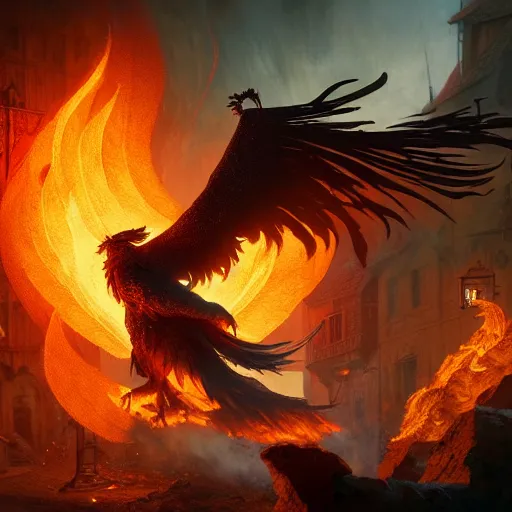 Image similar to Anthropomorphic phoenix in fire flying through a medieval town by night, DnD character, unreal engine, octane render, dramatic lighting, pond, digital art, by Stanley Artgerm Lau, greg rutkowski, thomas kindkade, alphonse mucha, loish, norman Rockwell