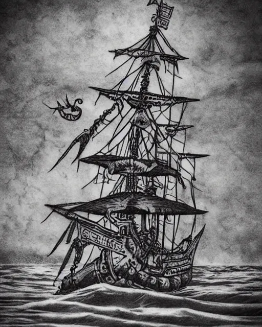 Prompt: A tattoo design on paper of a pirate ship, on paper, black and white, highly detailed tattoo, realistic tattoo, realism tattoo