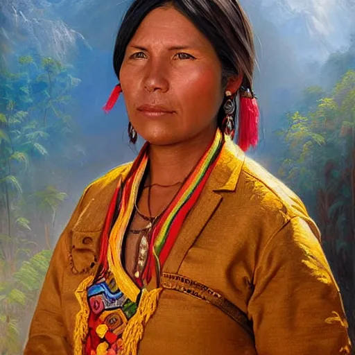 Prompt: portrait of a bolivian woman ( 3 5 ) from bolivia in 2 0 2 1, an oil painting by ross tran and thomas kincade