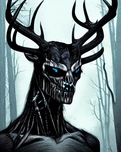 Prompt: Style Tim Jacobus and Rafael Albuquerque,Wendigo with long antlers, deer face skeletal, full body, symmetrical face, yellow eyes, fully detailed face, attacking a woman in the woods, night time, full mood, fog, realistic, scary, horror