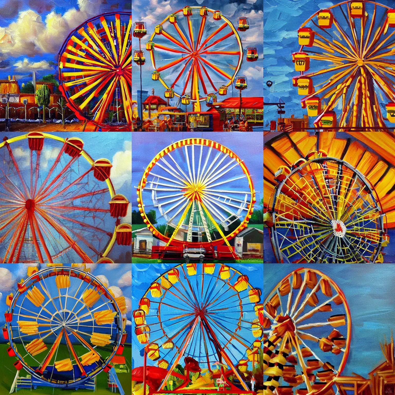 Prompt: a ferris wheel made of french fries, realistic oil painting