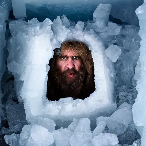 Image similar to recently discovered frozen solid caveman encased in a huge block of ice. national geographic. contest winning. trapped, stuck, fixed, immobile, surrounded, snowy