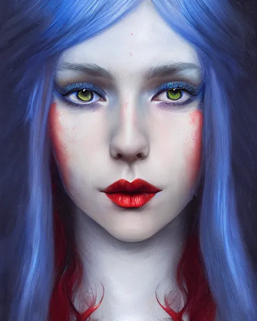 Image similar to A detailed matte oil on canvas head on symmetrical portrait of a distinguished elven woman with split red and blue hair on an empty background, by Charlie bowater, Wlop, trending on artstationhd, dungeons and dragons art, parted hair , half blue, half red , split dye, critical role