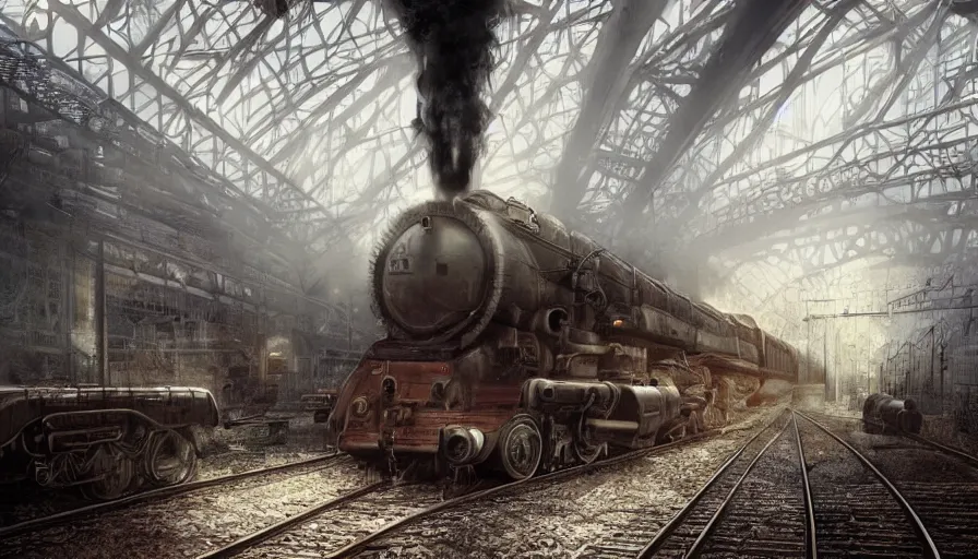 Image similar to Abandoned Dieselpunk railway station, steam, epic composition, intricate, elegant, volumetric lighting, digital painting, highly detailed, artstation, sharp focus, illustration, concept art, ruan jia, steve mccurry