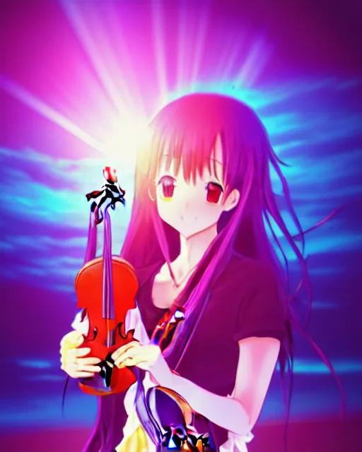 Image similar to anime style, vivid, colorful, full body, a cute girl with white skin and long pink wavy hair holding a violin and playing a song, heavenly, stunning, realistic light and shadow effects, happy, centered, landscape shot, happy, simple background, studio ghibly makoto shinkai yuji yamaguchi