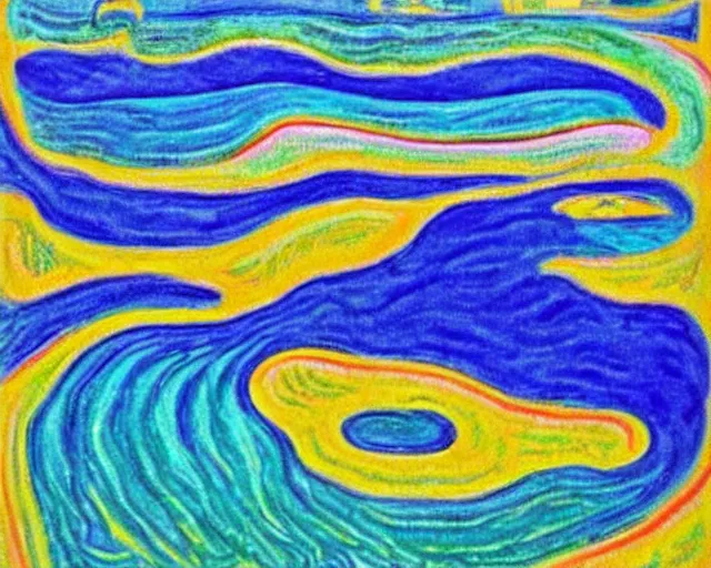 Prompt: Ocean waves in a psychedelic dream world. DMT. Curving rivers. Landscape painting by Edvard Munch. David Hockney.