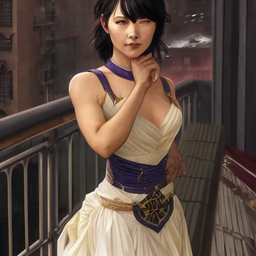 Prompt: cassandra cain in a wedding dress, on a balcony, hair in a high ponytail, cg animation, riot entertainment, arcane, realistic, character select portrait, by artgerm, greg rutkowski, alphonse mucha, 3 d