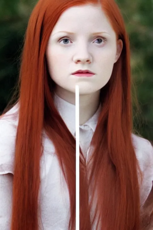 Prompt: ginny Weasley, symmetrical face two identical symmetrical eyes, feminine figure