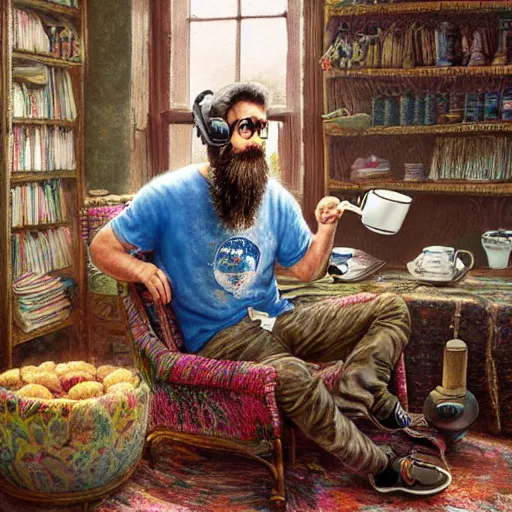 Image similar to a hyper-detailed photorealistic painting by Beatrix Potter of a short-bearded wild-haired man wearing a tie-dye t-shirt, wearing steampunk headphones and sitting in an overstuffed easy chair in his sunlit vliving room, holding a coffee cup and several donuts and smoking a steampunk hookah, pleasant psychedelic color scheme, perfect eyes, IBEX masters, octane render, unreal engine