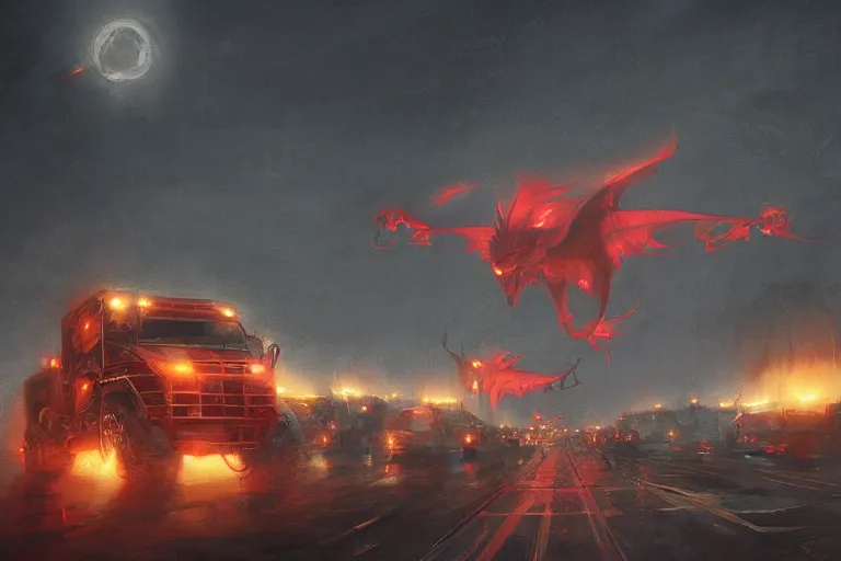 Image similar to a convoy of programmers are marching to chinese palace, big red dragon flying above them, dark atmosphere, light above palace, digital art, trending on artstation