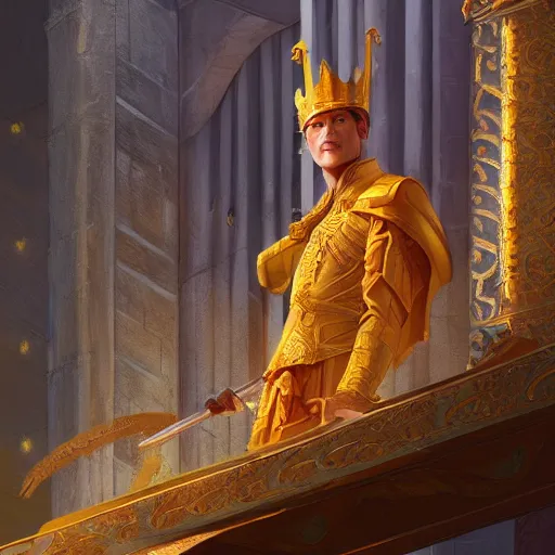 Prompt: A young king in golden clothes making a speech from a balcony, fantasy, highly detailed, digital painting, artstation, concept art, illustration, art by Bayard Wu and Marc Simonetti