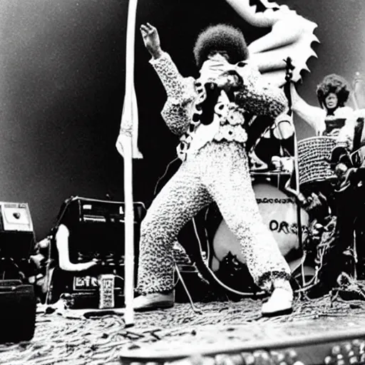 Image similar to a person in a Godzilla costume as Jimi Hendrix performing on stage at Woodstock, photo