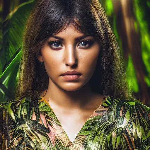 Prompt: portrait of a stern face wearing a vizor and reflective light standing in a bright jungle detailed portrait photo 8k HD detailed 105mm f2.8