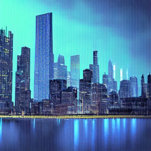 Prompt: cyberpunk version of chicago skyline, digital art, 8k, reflections