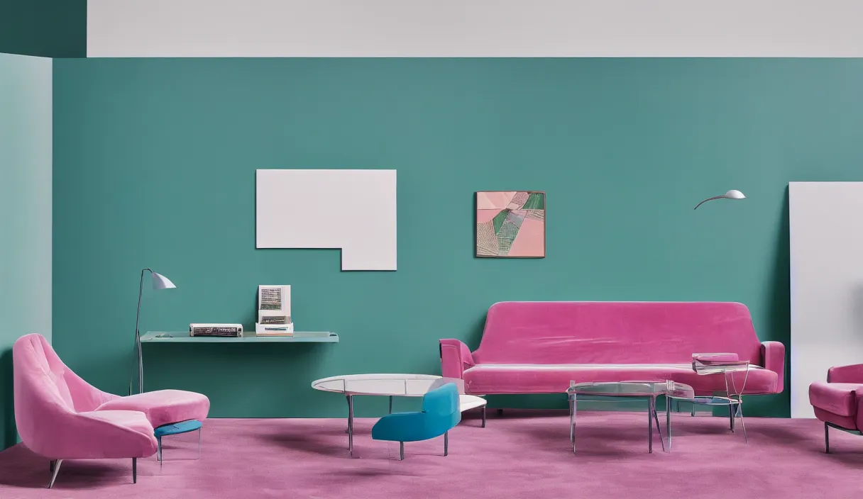 Image similar to a minimal 7 0 s prisunic catalog with the indoor office of severance series ( 2 0 2 2 ), in color, all furniture in pink velvet, soft clear green, blue navy and metal