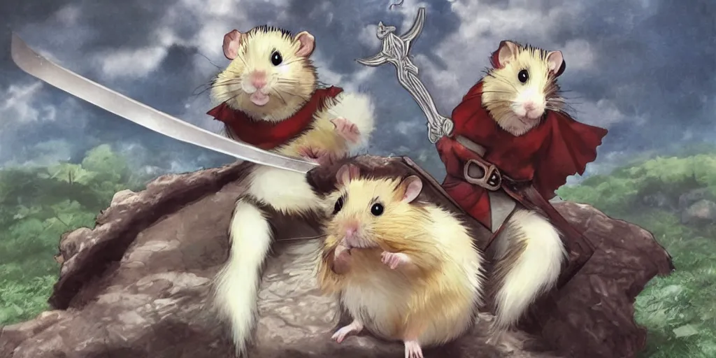 Prompt: a hamster posing with a sword in the style of Berserk manga