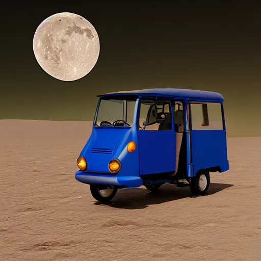 Image similar to a dark blue bajaj tuk tuk traveling on the surface of the moon, moon craters, night sky, milky way, hard lighting, matte painting, concept art, 4k