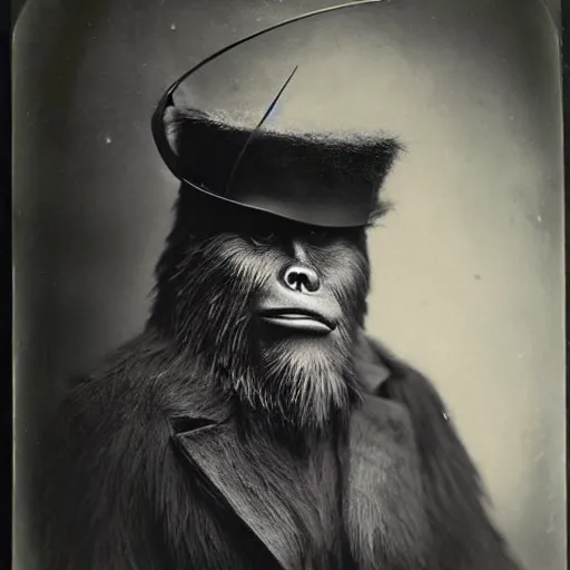 Image similar to a vintage wet plate portrait of a dignified bigfoot with a top hat and cane, extremely detailed, by angus mcbean!!!!!!!!!!!!!!!!!!