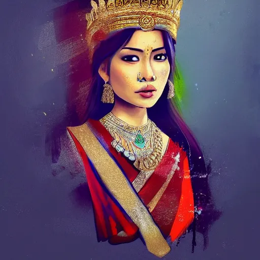 Image similar to painterly portrait of a beautiful asian indian queen mixed with british royal garb trending on artstation