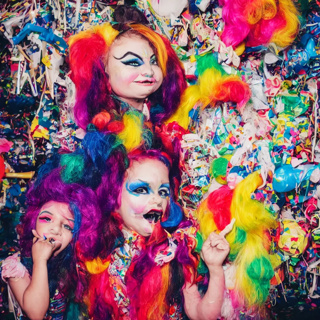 Image similar to a funny humanoid with big colorful hair wearing exaggerated makeup and colorful oversized garments, full body portrait, at a child's birthday party, polaroid