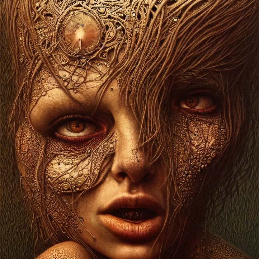 Prompt: ultra realist intricate detailed portrait of a single rugged attractive female, insanity accurate features, apocalyptic, very intricate details, 8 k resolution, dim lighting, artstyle zdzisław beksinski and keith thompson, award winning