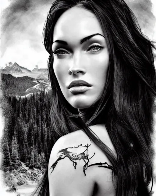 Prompt: realism tattoo design sketch of megan fox blended with beautiful mountain scenery, in the style of dan mountford, double exposure photography, hyper realistic, amazing detail, black and white