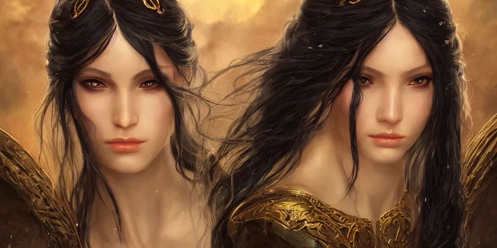 Image similar to a young beautiful oracle with long black hair weavering golden string of magic, barroque painting, ultra realistic. cinematic, dynamic. magic the gathering style. epic fantasy, insanely detailed, 4k, symmetrical face, rpg character reference. gourgeous.
