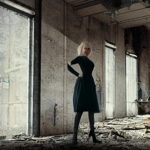 Image similar to a beautiful woman standing in an abandoned building surrounded by broken machinery, dutch, blonde, tall, pretty, by tim walker, atmospheric, epic composition, trending on artstation, octane render