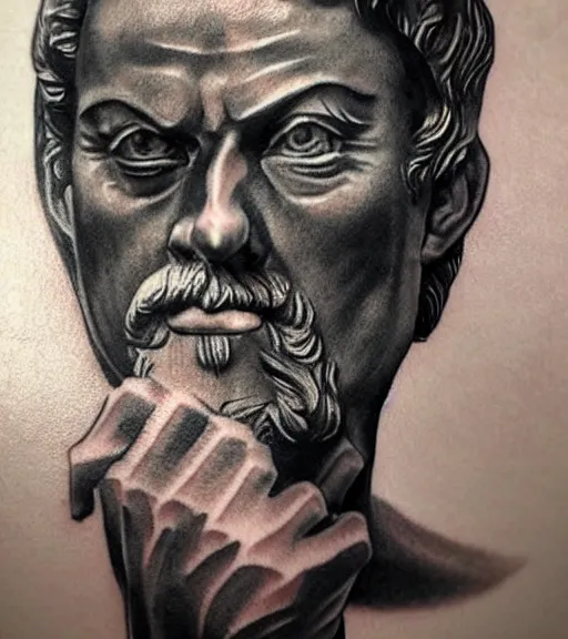 Image similar to tattoo design sketch of the statue of david broken, in the style of den yakovlev, realistic face, black and white, realism tattoo, hyper realistic, highly detailed