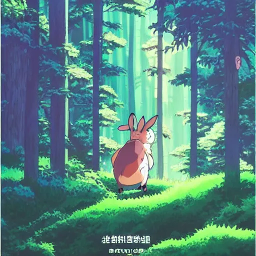 Image similar to anime movie poster for a wandering rabbit in a mysterious forest, studio ghibli