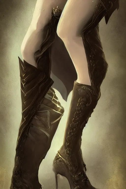 Prompt: a beatiful female elven priestess with white hair wearing thigh high black leather boots, detailed digital art in the style of Charlie Bowater