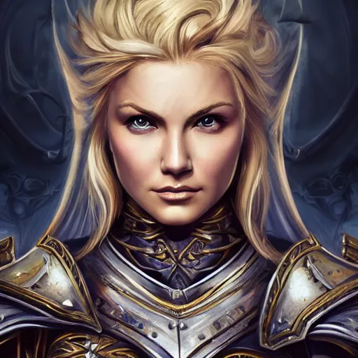 Prompt: head-on centered symmetrical painted portrait, Elisha Cuthbert as a paladin, blonde hair, ornate steel armour, dramatic lighting, intricate, fantasy, intricate, elegant, highly detailed, digital painting, smooth, sharp focus, illustration, dramatic lighting, artstation, in the style of Artgerm and Anna Podedworna