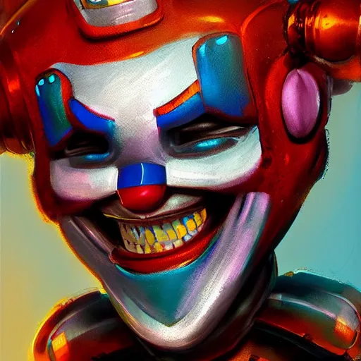 Image similar to concept art of robot clown by jama jurabaev, cinematic shot, brush hard, artstation, cgsociety, high quality, brush stroke