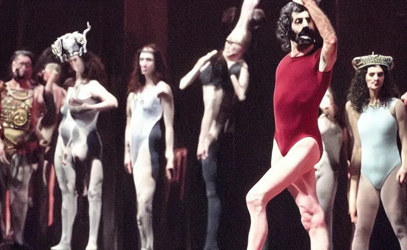 Prompt: Frank Zappa in a leotard and a crown performs the role of Richard III in award-winning modern dress production of Richard III in front of a live audience, action shot, yowza yowza yowza