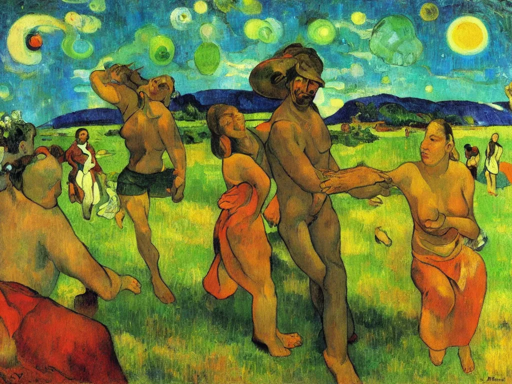 Image similar to bright beautiful oil painting of flying saucer abducting paul gauguin from arles france with a glowing green light, light scatter, van gogh