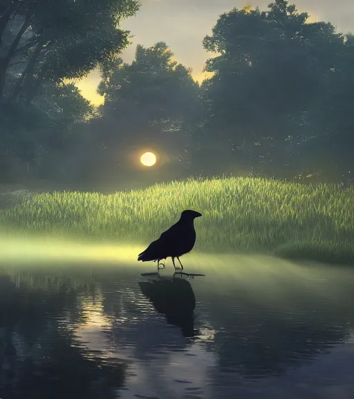 Image similar to three crows in a little boat in a swamp, volumetric lighting, fog, majestic light, octane render, ethereal glare of the sun, hyperrealistic, epic, masterpiece, by makoto shinkai