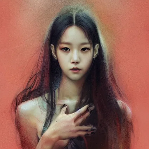 Image similar to jisoo of blackpink, snake, hyperrealistic portrait, bladerunner street, by karol bak and agnes cecile, album cover, fantasy art, photo realistic, dynamic lighting, artstation, poster, volumetric lighting, very detailed face, 8 k, award winning