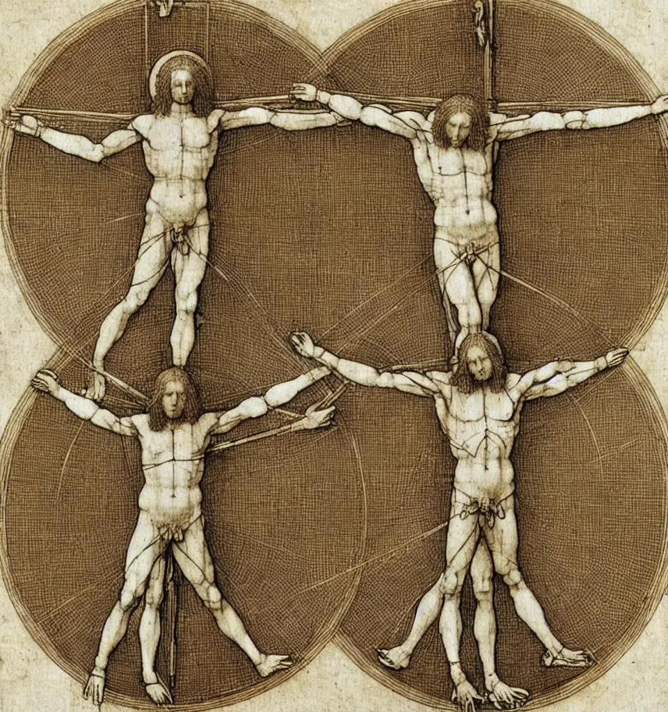 Image similar to Leonardo da Vinci's Vitruvian Man crucified on a cross, full body, centered